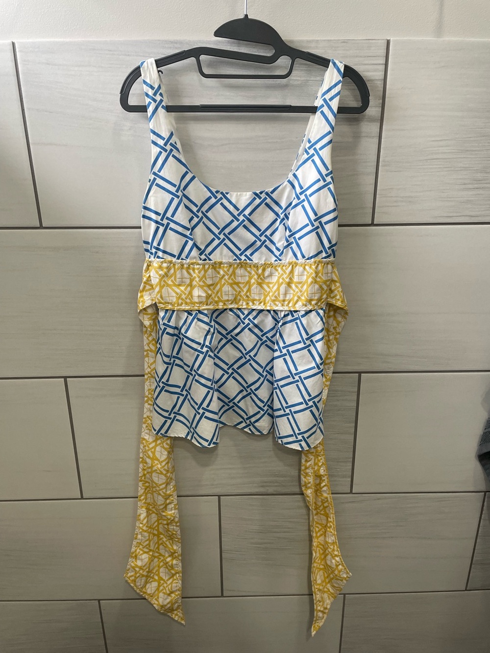 Anthropologie White Tank Top with Blue Lattice and Yellow Sash